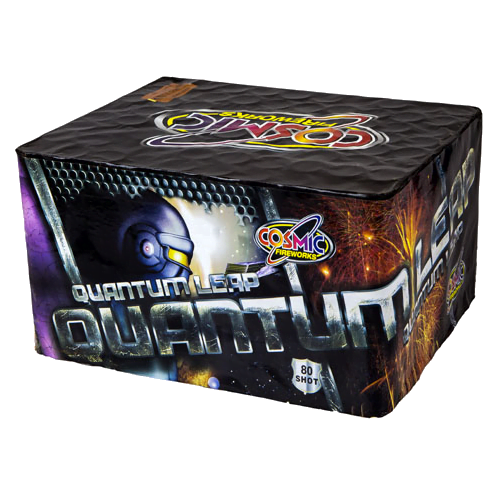 Quantum Leap 80-shot single ignition barrage with colorful starbursts and crackling stars.