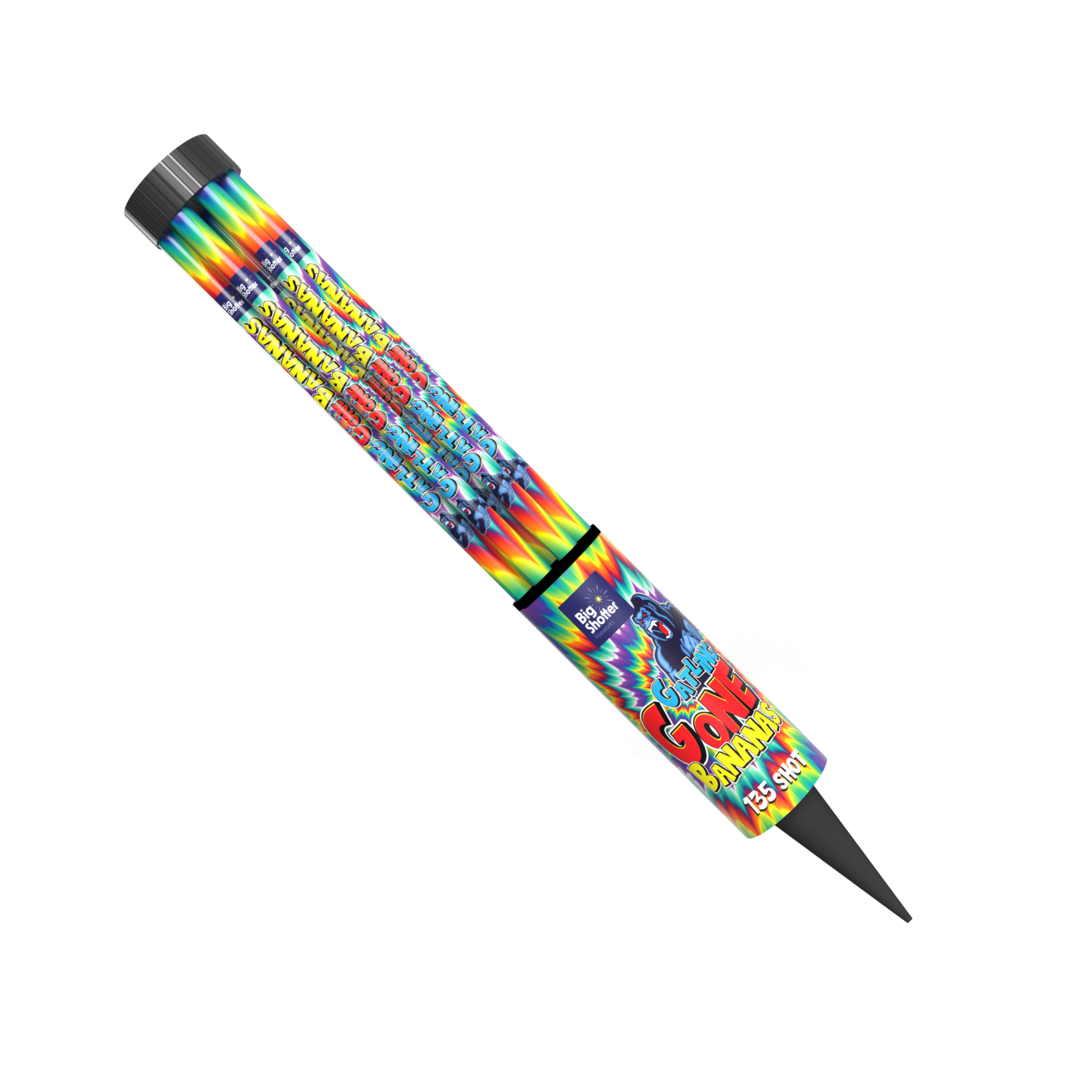 Gatling Gun Gone Bananas 135-shot roman candle featuring a fast-paced