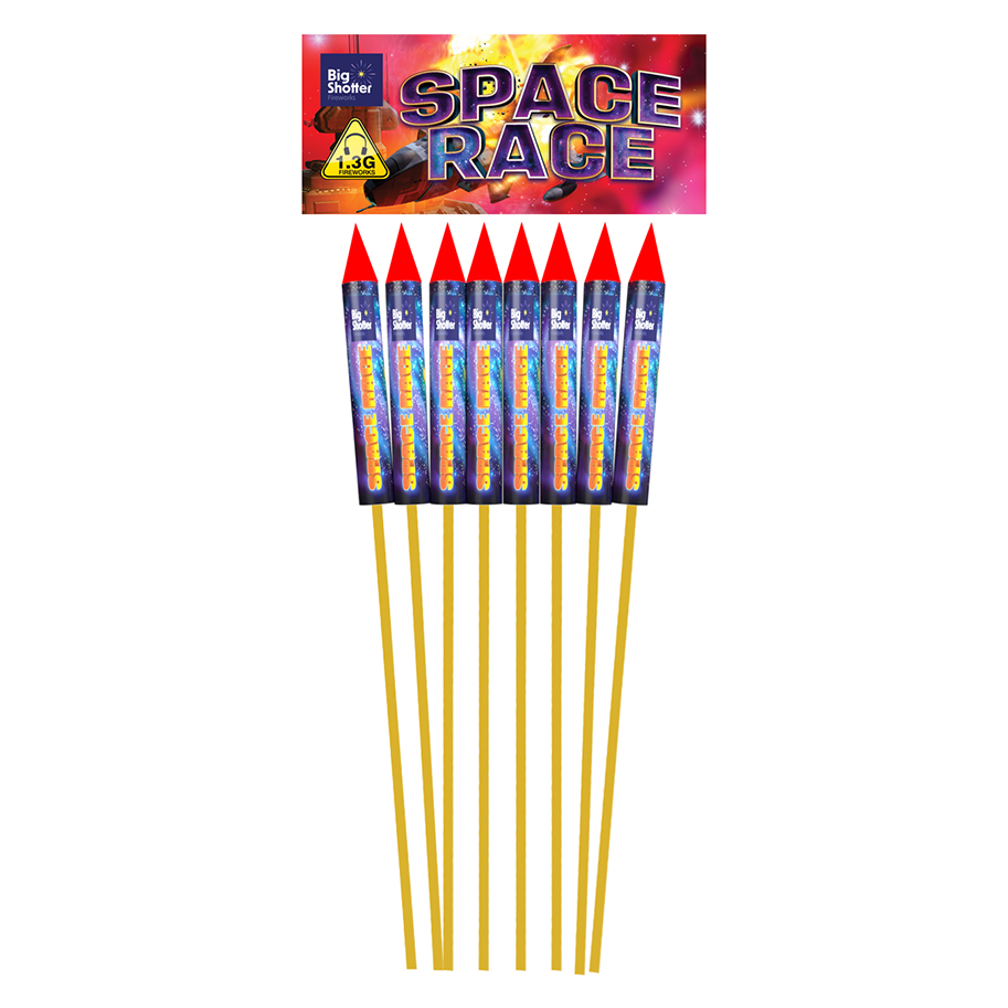 Space Race rockets (8 pieces) with purple stars and green strobe effects.